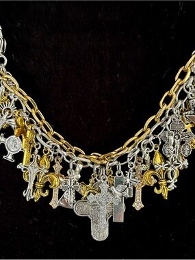 Multi Cross Charm Bracelet Silver and Gold Tone